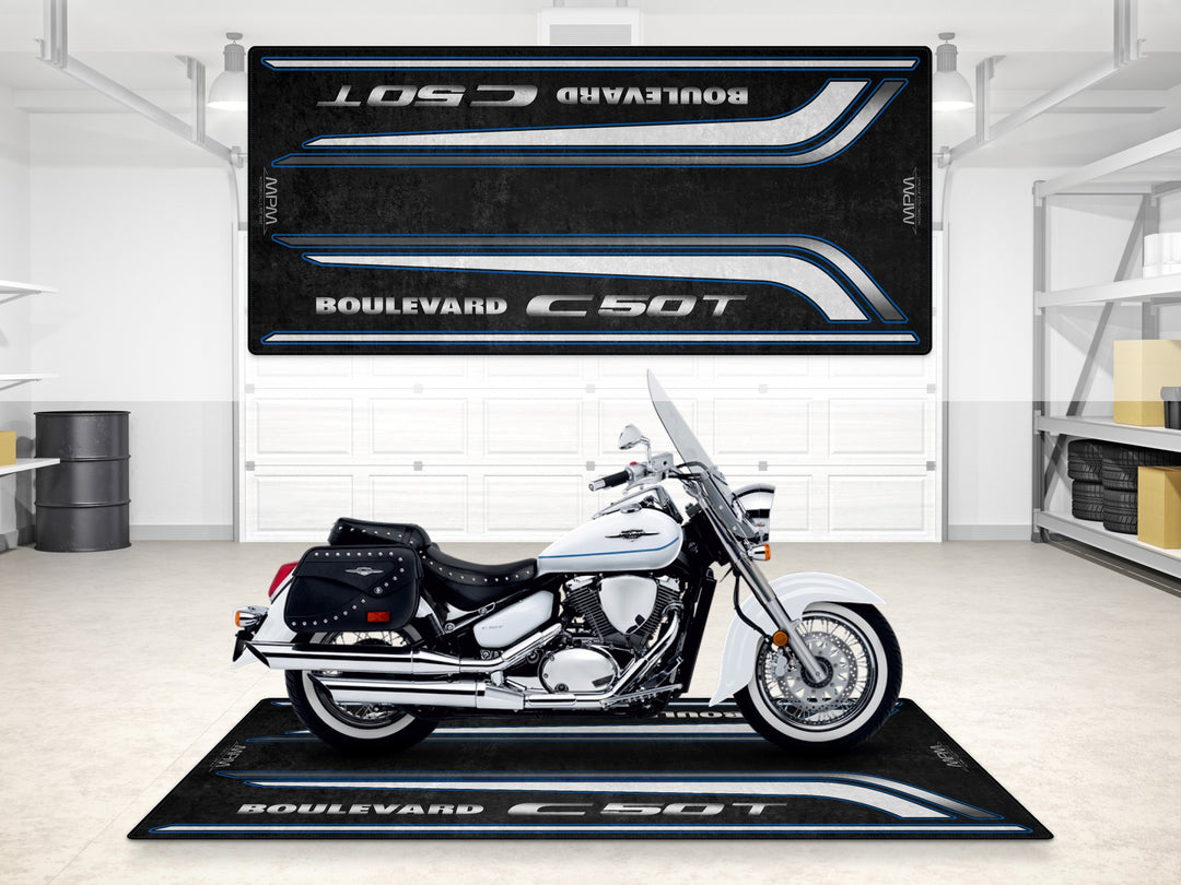 Suzuki Boulevard C50T garage mat in Pearl White. Cruiser-ready pit mat for garage floor protection and display.