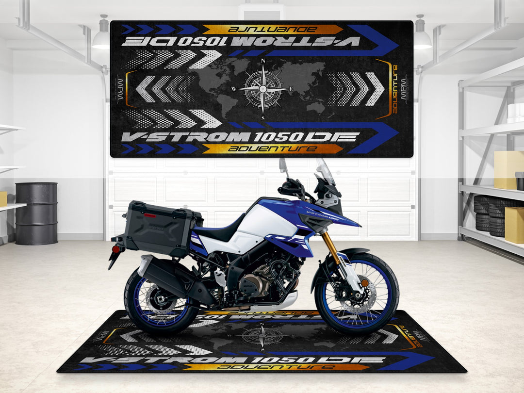 Adventure-ready garage mat for Suzuki V-Strom 1050DE. Floor cover for rugged bike zones and garage protection.