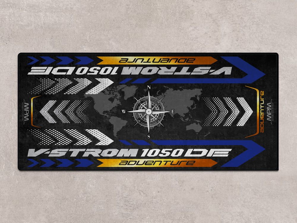 Parking mat for Suzuki V-Strom 1050DE in Vigor Blue. Ideal pit mat for track prep and motorcycle display.
