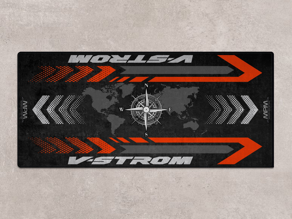 Suzuki V-Strom 1050 pit mat with Thermoplastic Rubber base. Perfect rug for bike zone and garage setup.