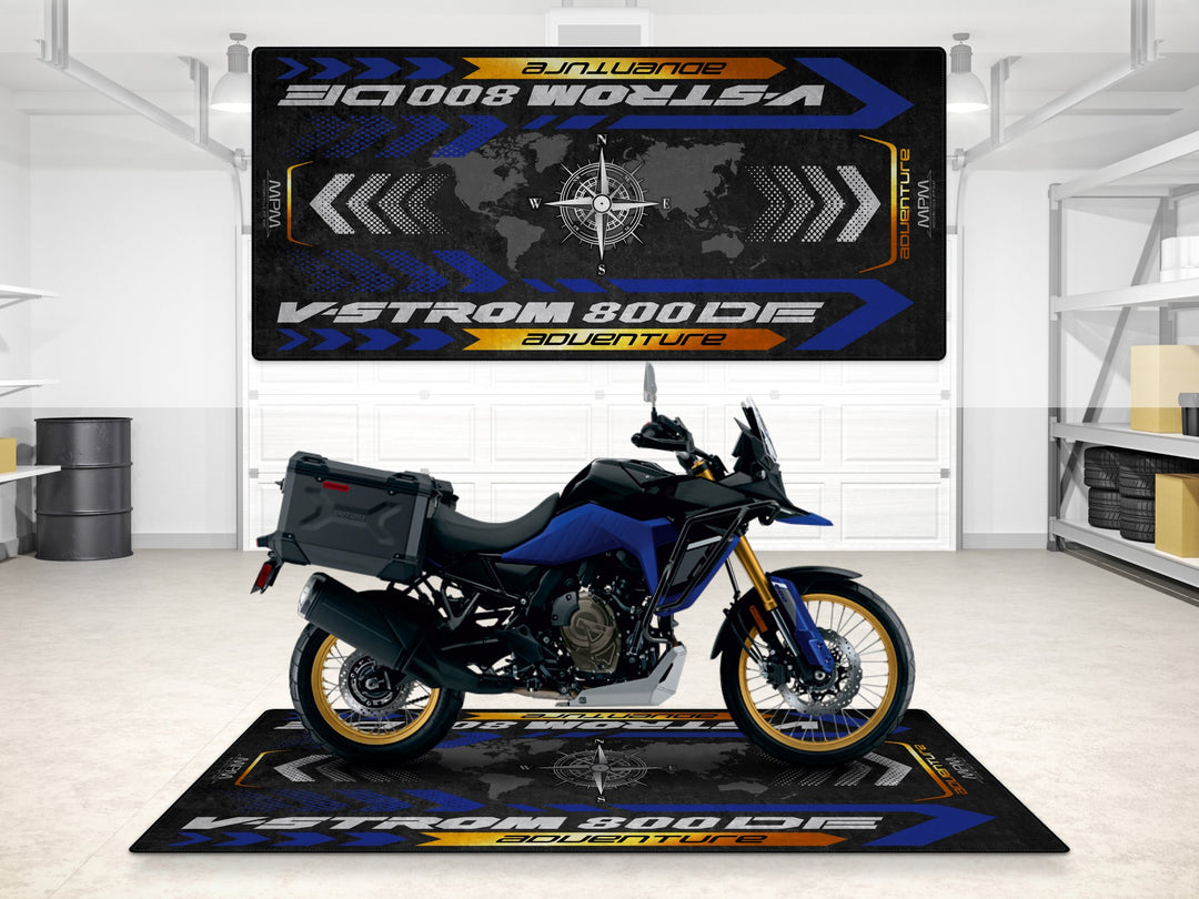 Suzuki V-Strom 800DE adventure garage mat with bold color design. Ideal floor cover for parking or display.