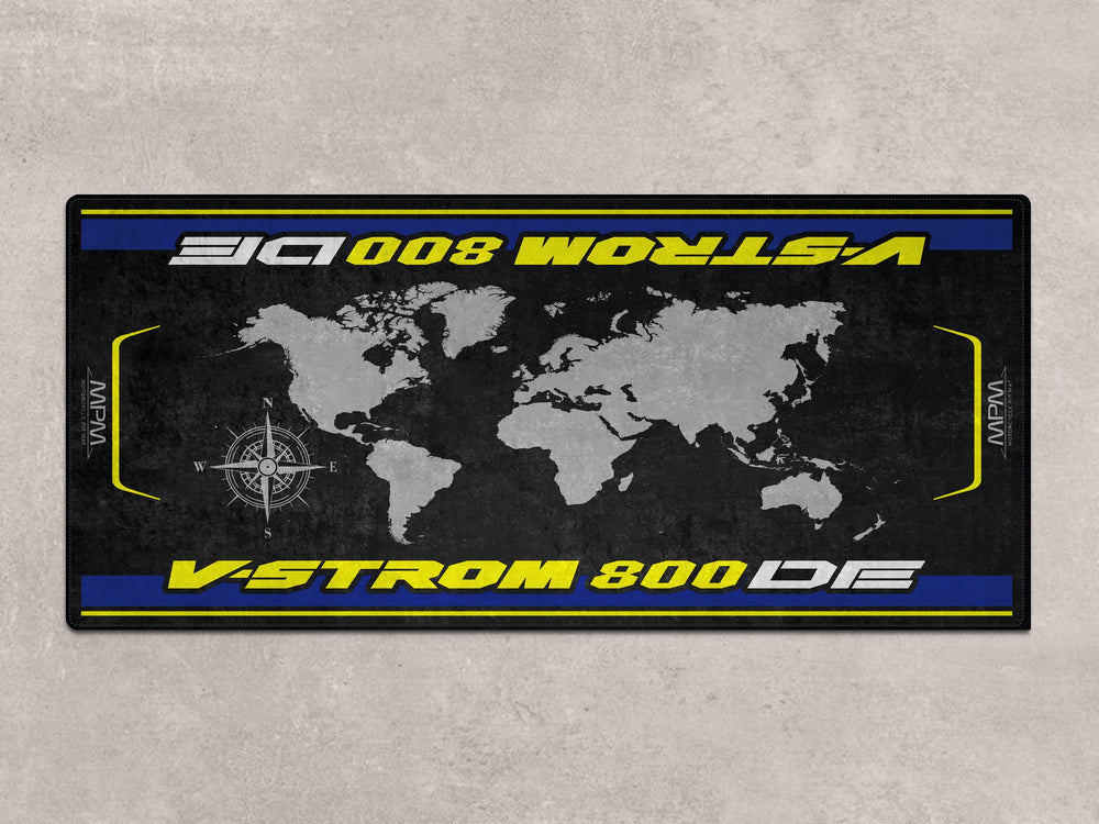 Garage floor protection mat for V-Strom 800 DE. Ideal parking mat for adventure bike zone or track prep.