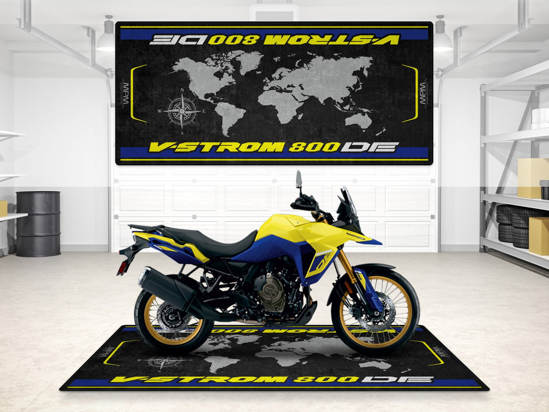 Suzuki V-Strom 800DE Champion Yellow mat for garage or showroom. Eye-catching rug for motorcycle display.