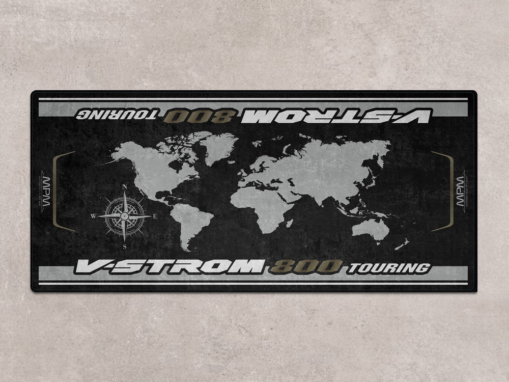 Garage floor cover for Suzuki 800 Touring. Sleek motorcycle rug ideal for showroom or rider's garage.