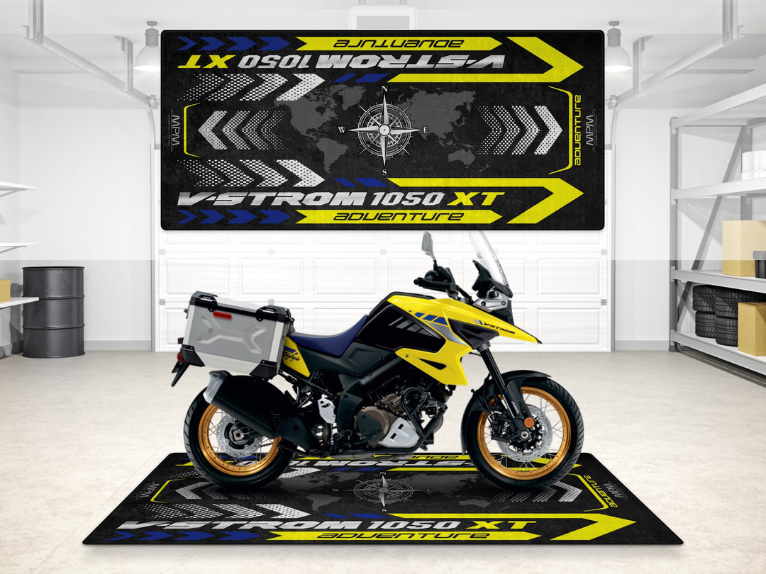 Suzuki V-Strom 1050 XT Adventure in Champion Yellow No.2 parked on garage mat for showroom display.