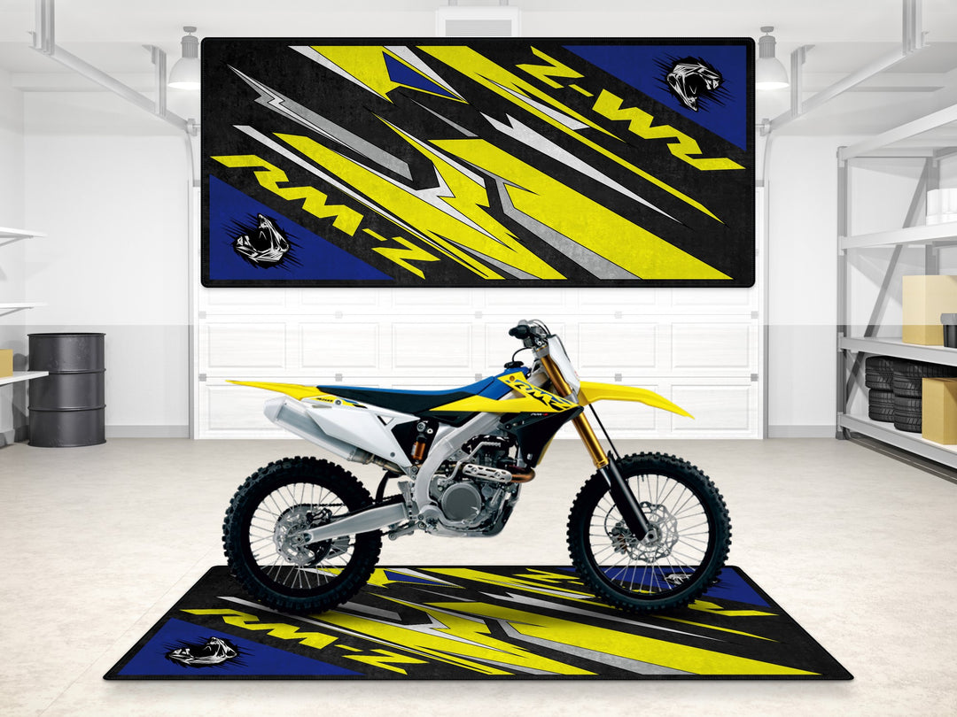 Suzuki RM-Z in Champion Yellow No.2 on a garage mat. Ideal parking mat and showroom rug for motocross and dirt riders.