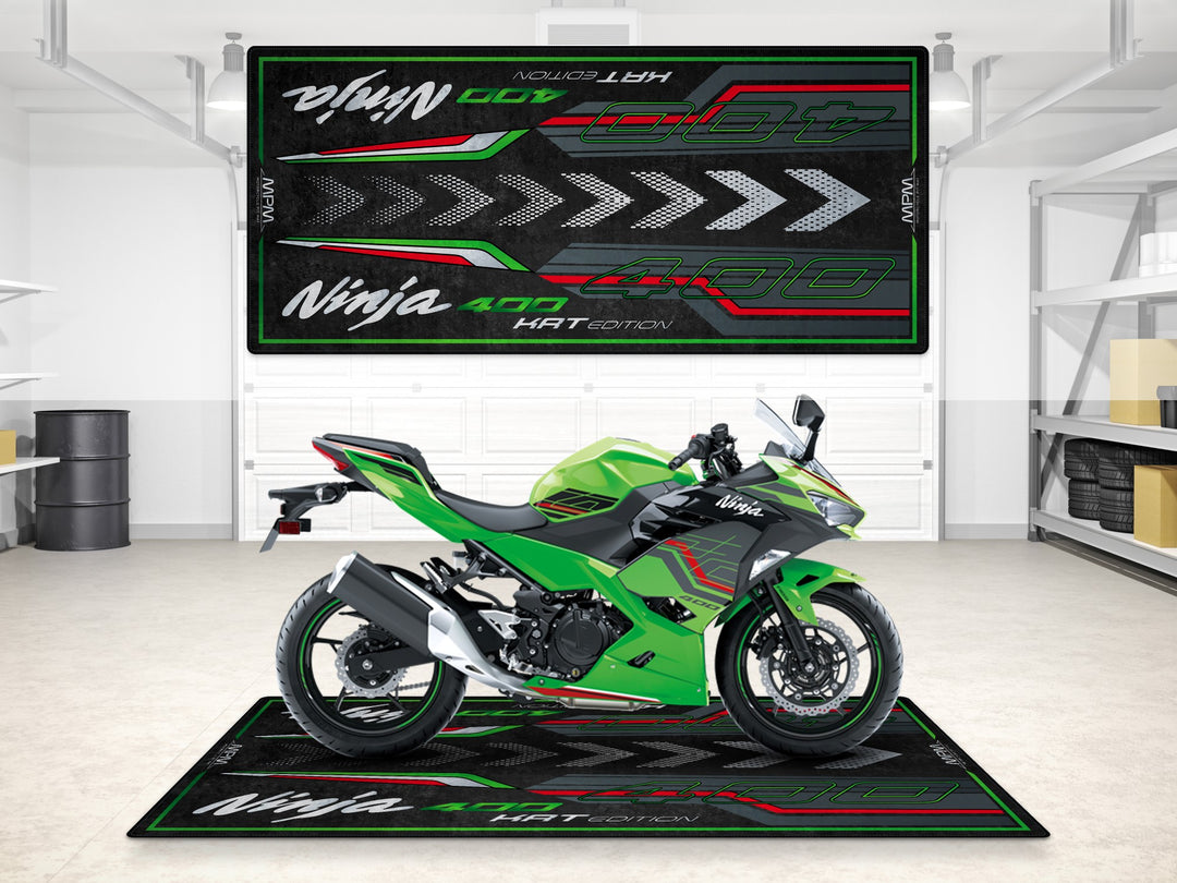 Ninja 400 KRT Edition garage mat in lime green and ebony, perfect for pit mat setups, track prep and display use.