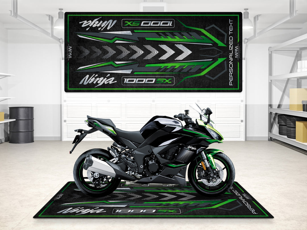 Custom pit rug for 1000SX riders, designed for bike zone, rider essentials and garage floor protection.