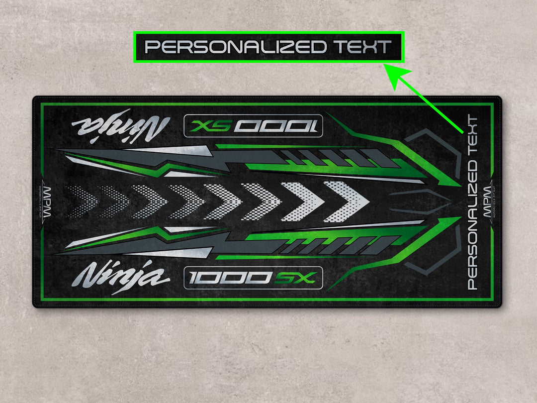 Personalized parking mat in emerald green style, a gift-ready accessory for motorcycle gear and display.
