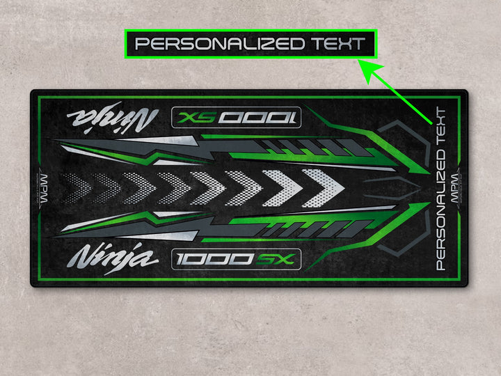 Personalized parking mat in emerald green style, a gift-ready accessory for motorcycle gear and display.