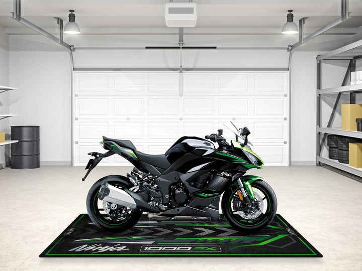 Ninja 1000SX superbike rug with bold green graphics, perfect for garage mat, parts area and showroom floors.