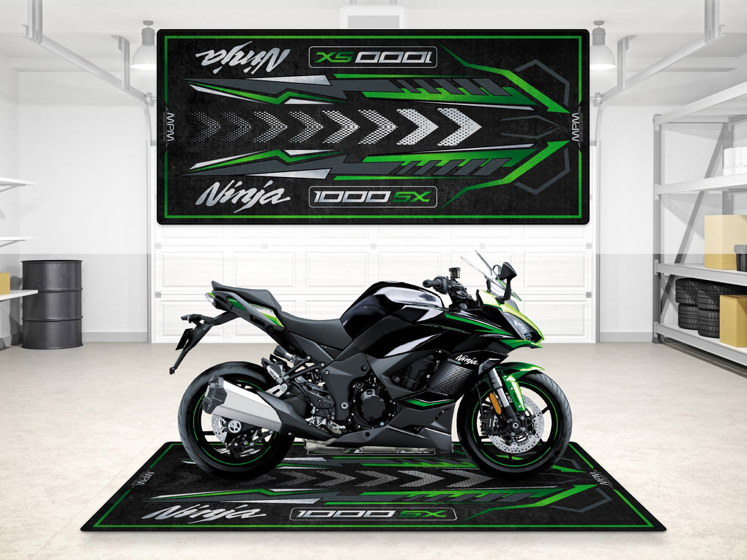 Ninja 1000SX garage mat in emerald green tones with arrow pattern, perfect for pit mat and racetrack prep use.