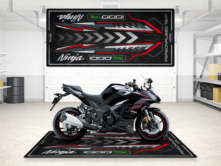Custom pit rug for Ninja 1000SX riders, a stylish garage mat for bike zone, parts and rider essentials.