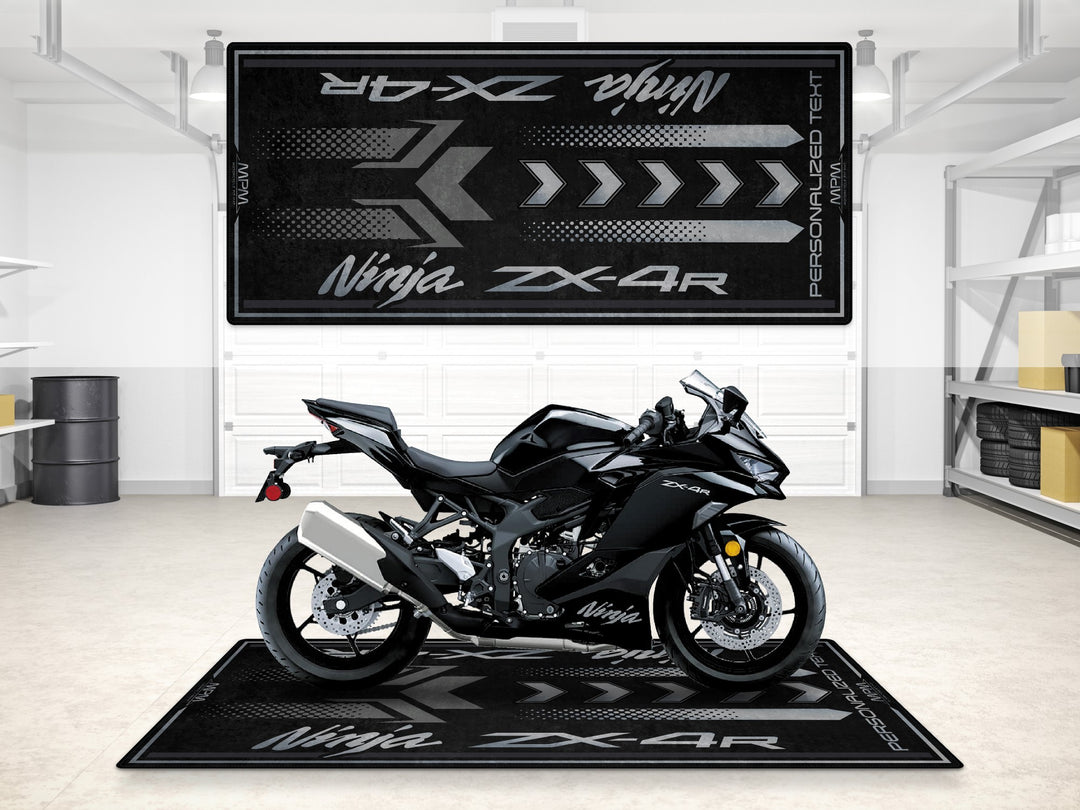 Custom pit mat for ZX-4R riders, a practical garage accessory for motorcycle gear, parts and bike zone setup.