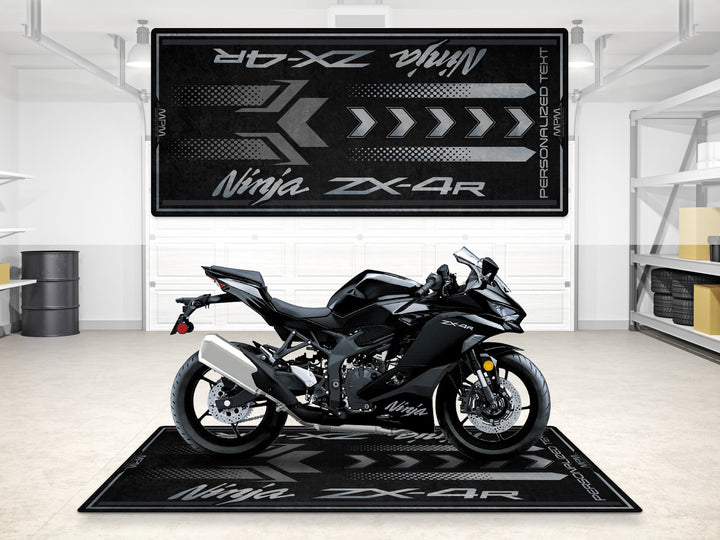 Custom pit mat for ZX-4R riders, a practical garage accessory for motorcycle gear, parts and bike zone setup.