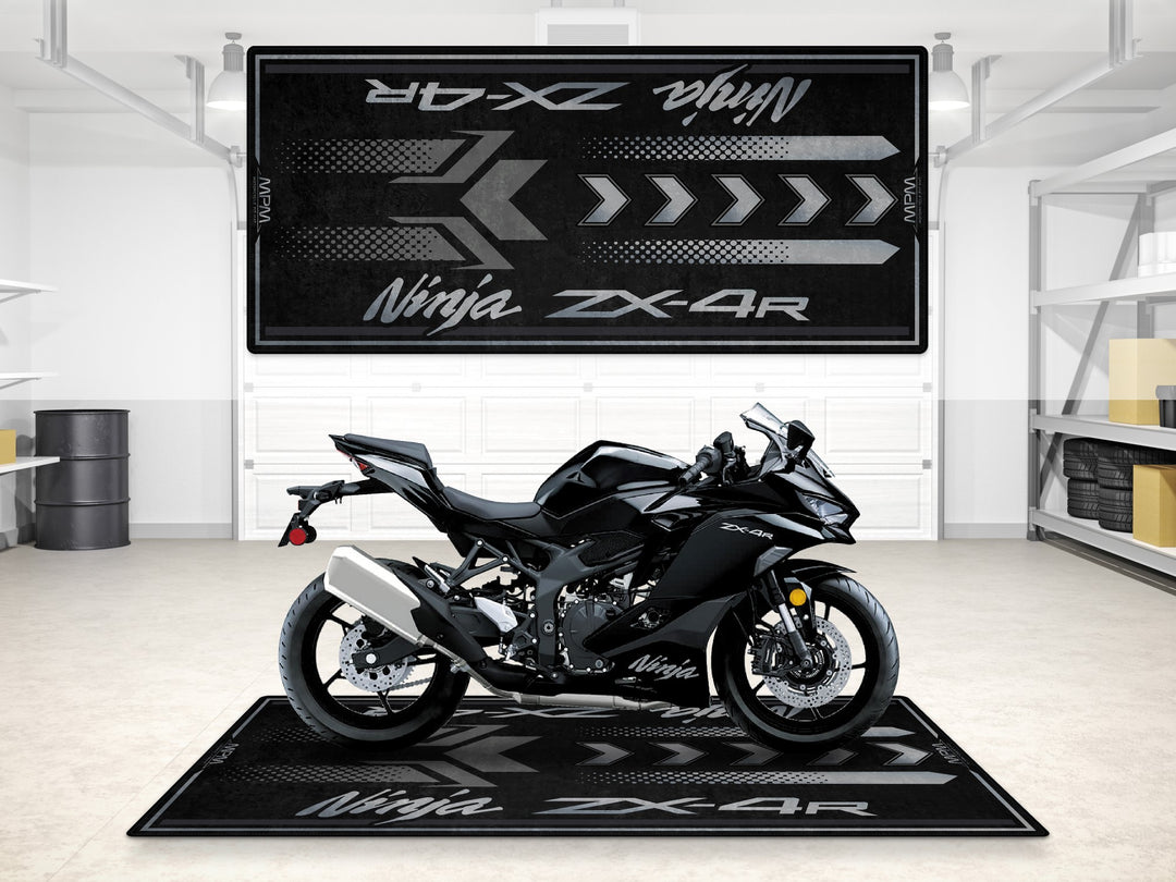 ZX-4R garage mat in metallic spark black with clean arrow design, ideal for parking, track prep and display areas.