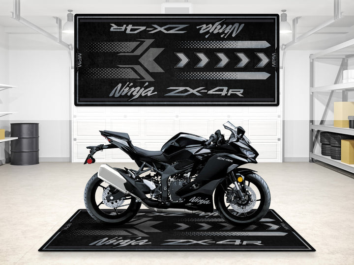 ZX-4R garage mat in metallic spark black with clean arrow design, ideal for parking, track prep and display areas.