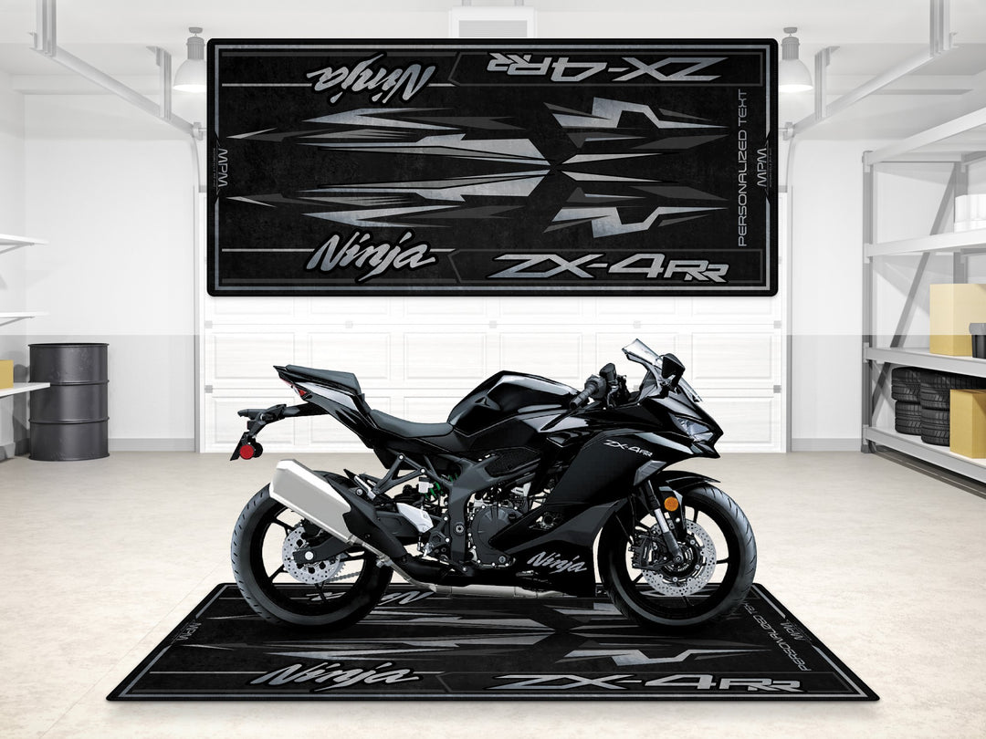 Custom pit rug for ZX-4RR riders, a sleek superbike garage accessory for motorcycle gear and parts zone.
