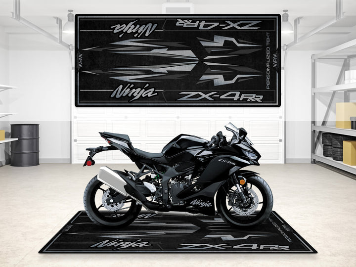 Custom pit rug for ZX-4RR riders, a sleek superbike garage accessory for motorcycle gear and parts zone.