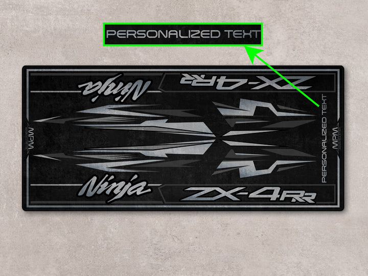 Personalized parking mat with sharp ZX-4RR design, perfect rug for bike zone, racetrack prep and rider essentials.