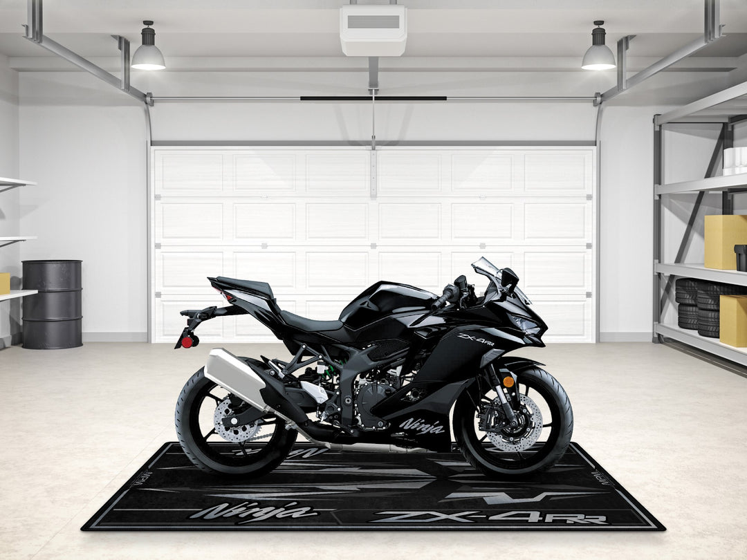 Spark black ZX-4RR pit mat, a gift-worthy carpet for motorcycle display, floor protection and garage style.