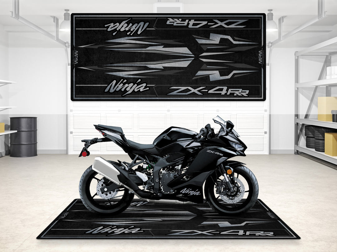 Metallic spark black ZX-4RR garage mat with stealth styling, perfect pit mat for parking, track prep or display.