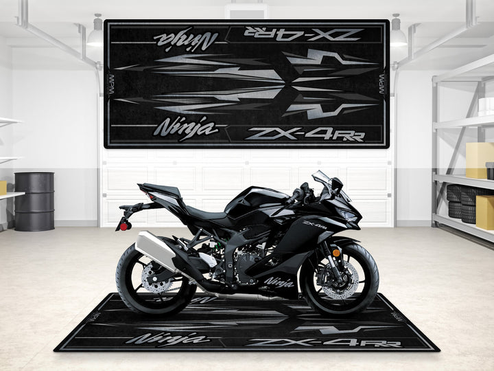 Metallic spark black ZX-4RR garage mat with stealth styling, perfect pit mat for parking, track prep or display.