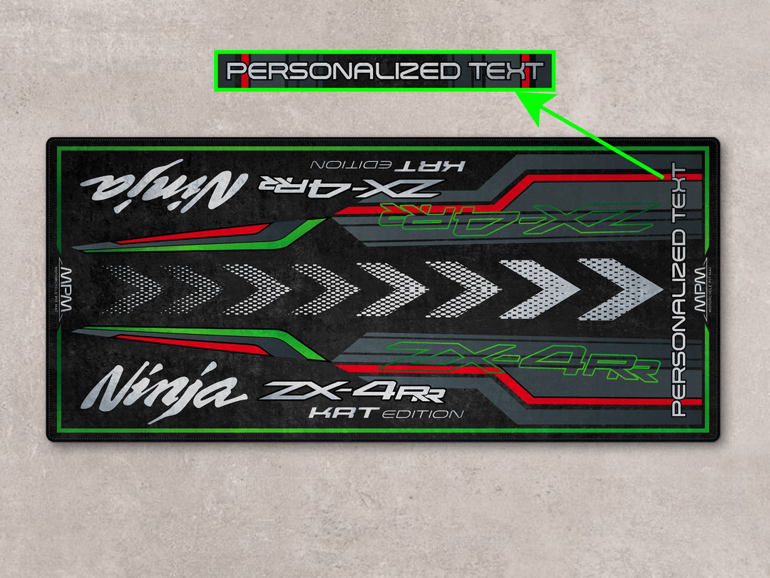 Personalized garage mat for ZX-4RR riders, a parking mat with bold red-green lines and bike zone function.