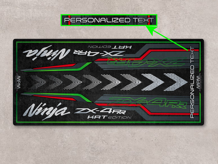 Personalized garage mat for ZX-4RR riders, a parking mat with bold red-green lines and bike zone function.