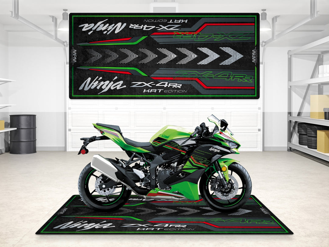 Lime green ZX-4RR KRT garage mat with racing arrows—perfect pit mat for showroom, track prep, or motorcycle display.