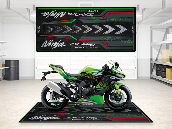 Lime green ZX-4RR KRT garage mat with racing arrows—perfect pit mat for showroom, track prep, or motorcycle display.