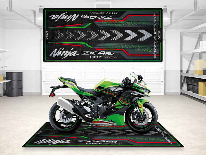 Custom pit rug for ZX-4RR KRT Edition—motorcycle gear mat and gift-worthy accessory for superbike garage.