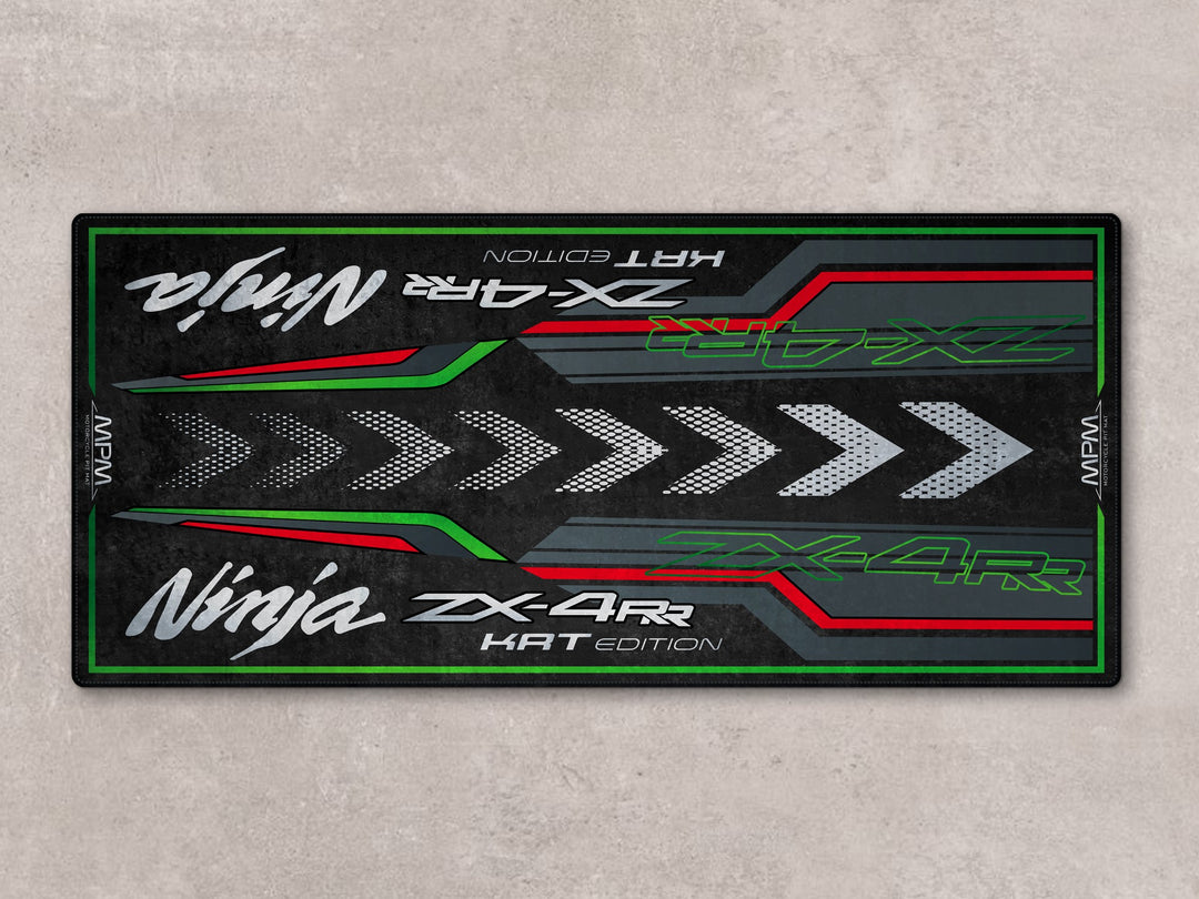 Ebony ZX-4RR floor cover with Thermoplastic Rubber base, ideal garage rug for parking, parts, and rider essentials.