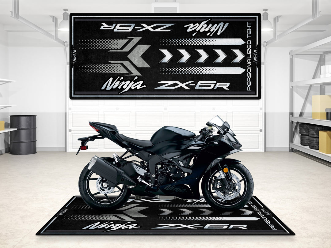 Custom pit rug for ZX-6R in flat spark black—perfect garage mat for superbike garage and rider essentials.