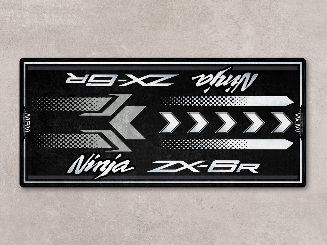 Ebony ZX-6R floor cover with Thermoplastic Rubber base—rug for motorcycle display, parking, or gear zone.