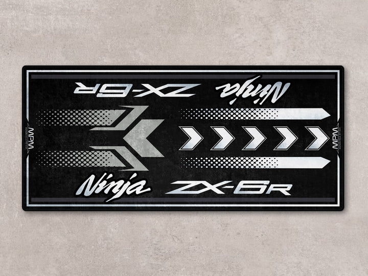 Ebony ZX-6R floor cover with Thermoplastic Rubber base—rug for motorcycle display, parking, or gear zone.