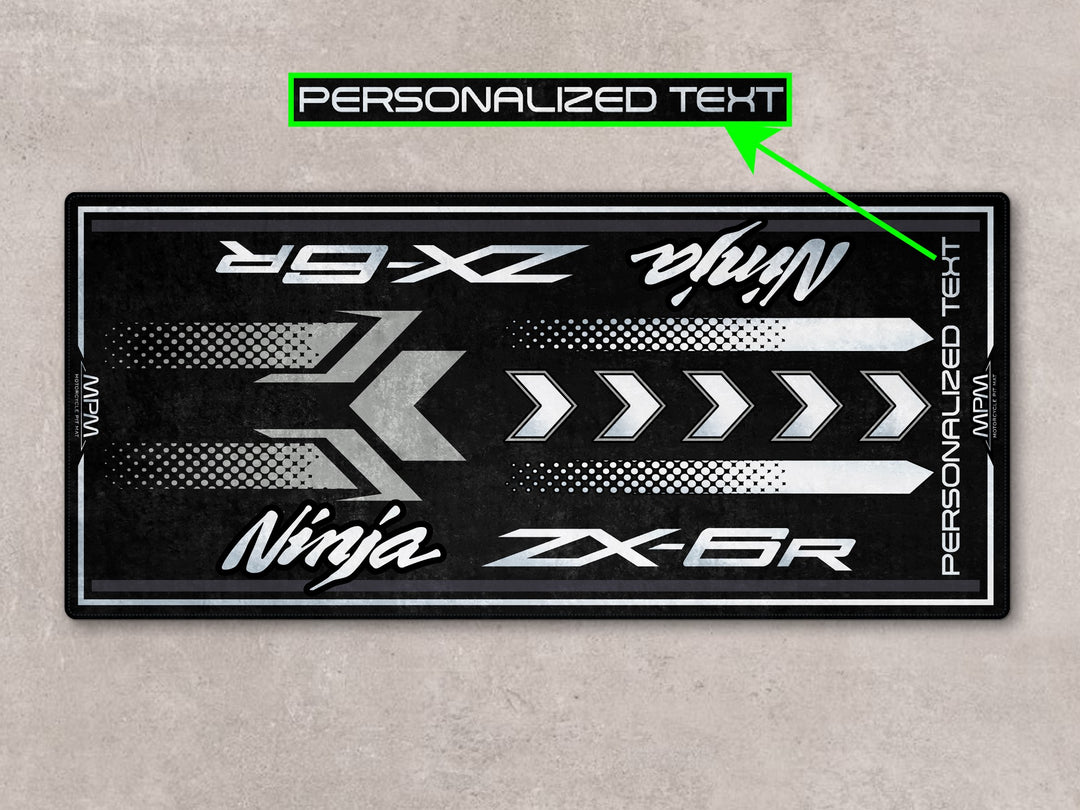Personalized parking mat for ZX-6R riders, an accessory-worthy carpet for parts, gear, and racetrack prep.