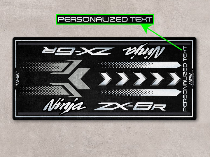 Personalized parking mat for ZX-6R riders, an accessory-worthy carpet for parts, gear, and racetrack prep.