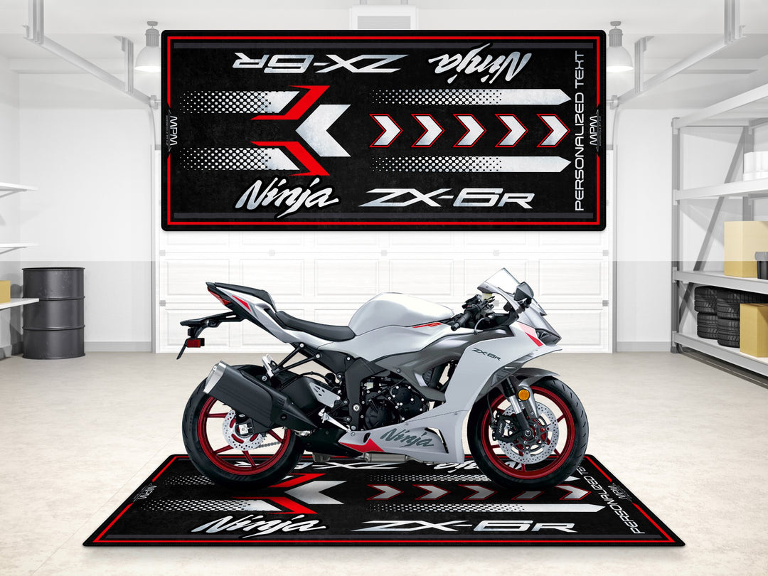 Custom pit rug for ZX-6R in red-white-black, perfect accessory for track prep and rider essentials.