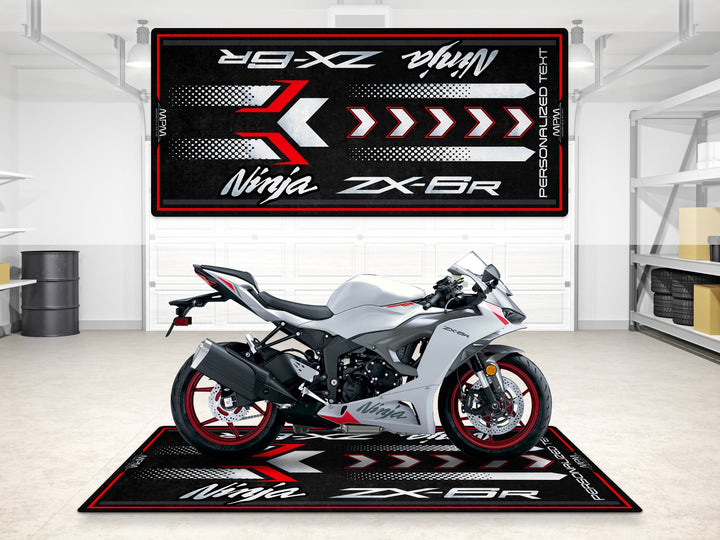 Custom pit rug for ZX-6R in red-white-black, perfect accessory for track prep and rider essentials.