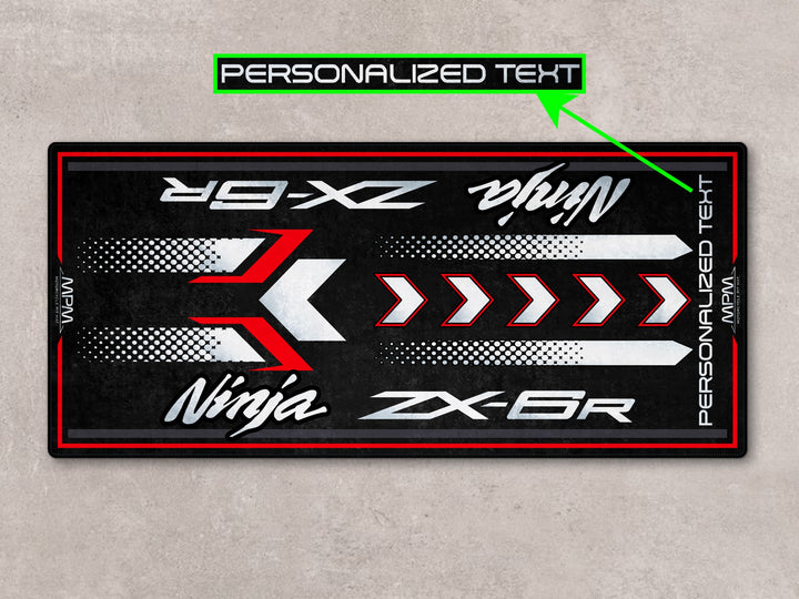 Personalized parking mat with arrow graphics—gift-worthy ZX-6R carpet for parts, gear, and display setup.