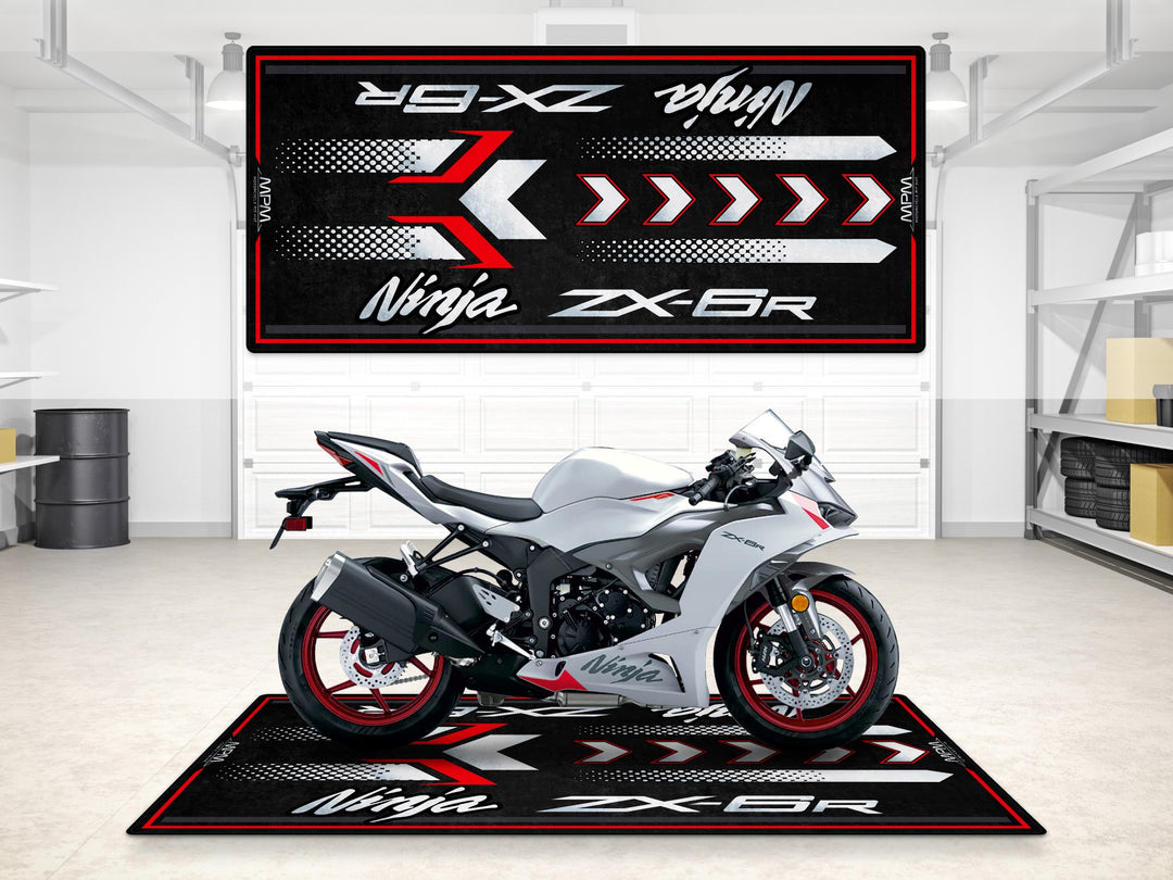 ZX-6R garage mat in pearl white and graphite—bold floor cover for showroom, parking mat, or pit zone.
