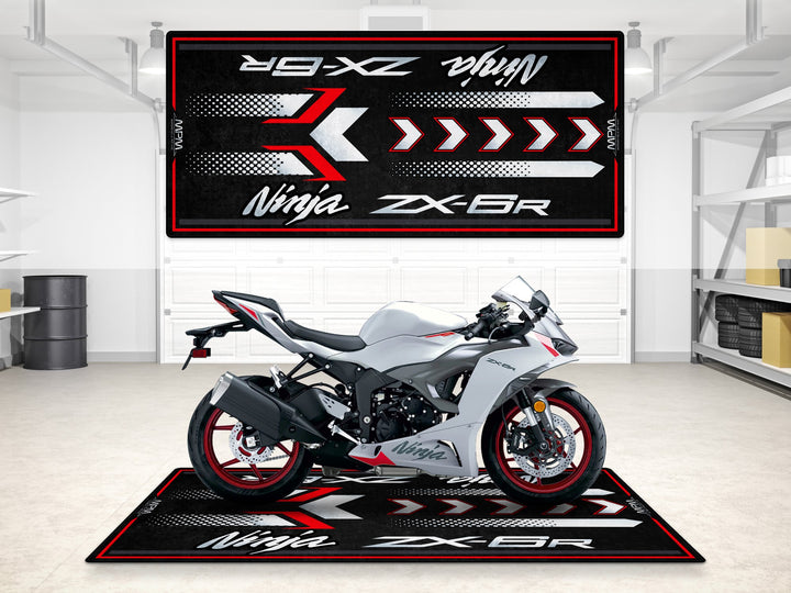 ZX-6R garage mat in pearl white and graphite—bold floor cover for showroom, parking mat, or pit zone.