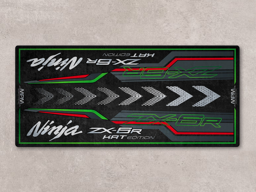 ZX-6R KRT Edition floor cover, perfect parking mat for racetrack-ready bikes and motorcycle display setups.