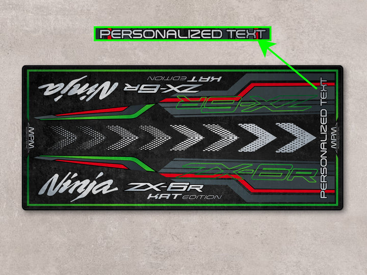 Personalized garage mat with ZX-6R KRT graphics—rug for parts area, superbike garage, or gift-worthy floor.