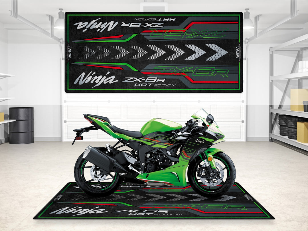 Lime green ZX-6R garage mat for showroom or track prep—rug with bold arrows and Thermoplastic Rubber base.