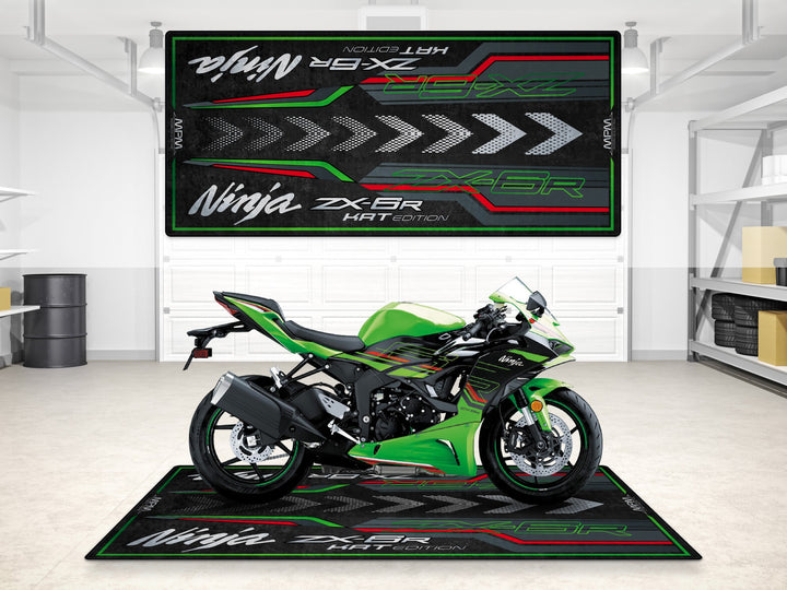 Lime green ZX-6R garage mat for showroom or track prep—rug with bold arrows and Thermoplastic Rubber base.