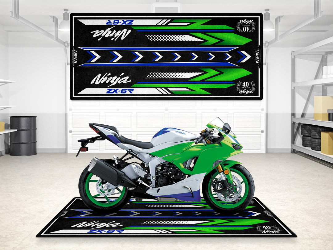 ZX-6R 40th Anniversary garage mat with blue-green race stripes—perfect pit mat for showroom and track prep.