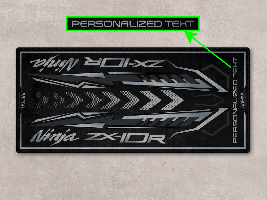 Personalized superbike carpet for Ninja ZX-10R in spark black, ideal floor cover and motorcycle gear zone.