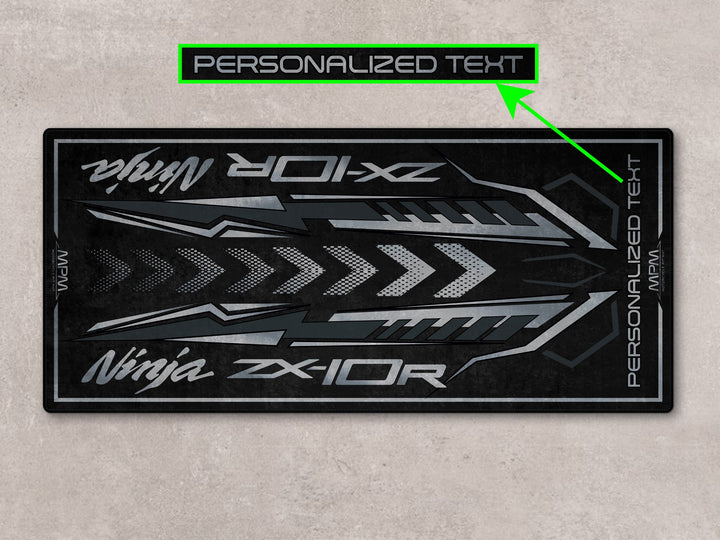 Personalized superbike carpet for Ninja ZX-10R in spark black, ideal floor cover and motorcycle gear zone.